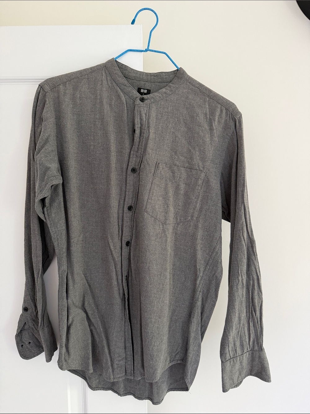Uniqlo Men's Grey Band-Collar Button-Down Shirt